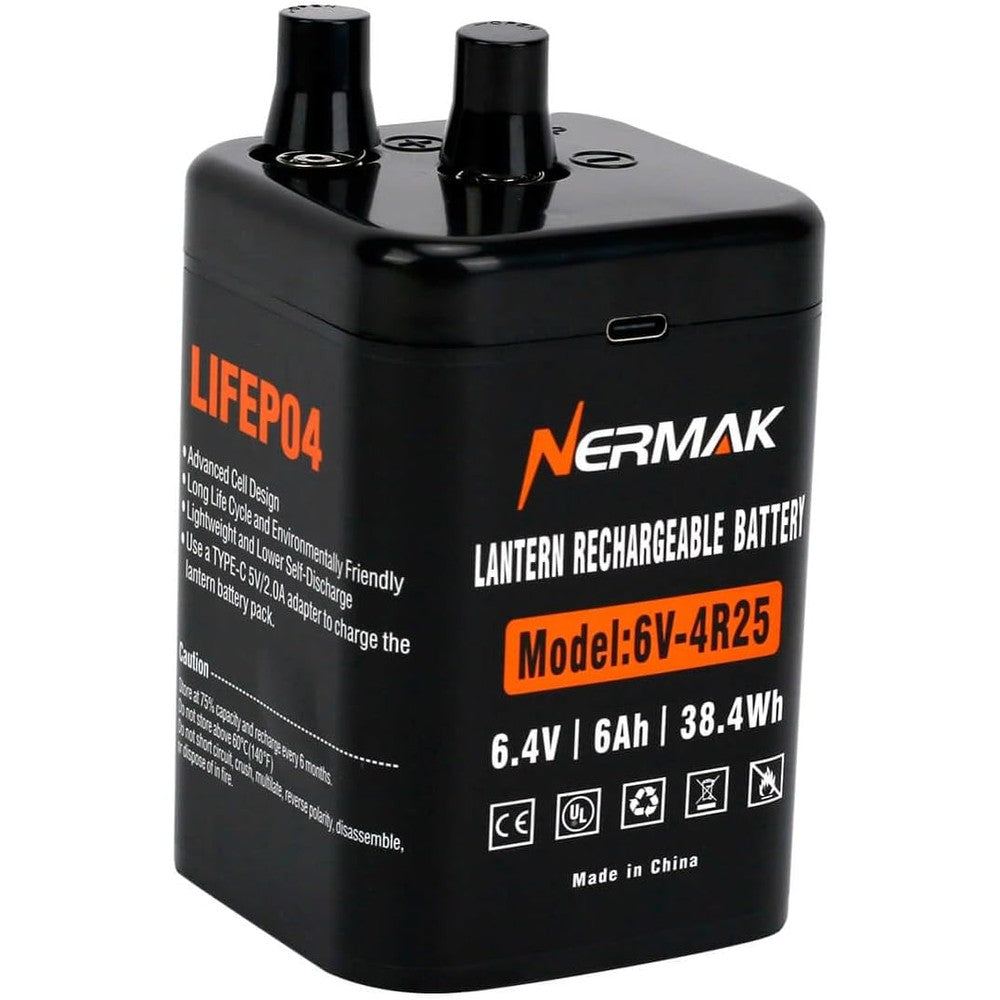 6 Volt 6Ah Lithium LiFePO4 Heavy Duty Lantern Battery, 2000 Cycles Rechargeable Lithium Iron Phosphate Battery for 4R25 Lantern(Spring S2 Terminals)