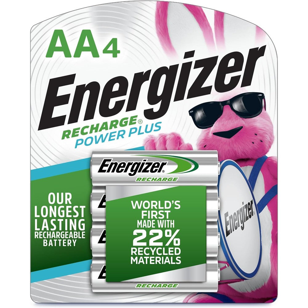 Energizer Power Plus Rechargeable AA Batteries 4 Pack front view showing green and silver packaging.