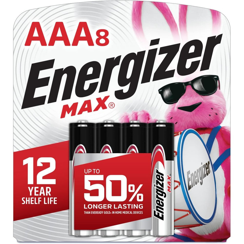 Energizer MAX AAA batteries eight pack front view showcasing genuine USA packaging.