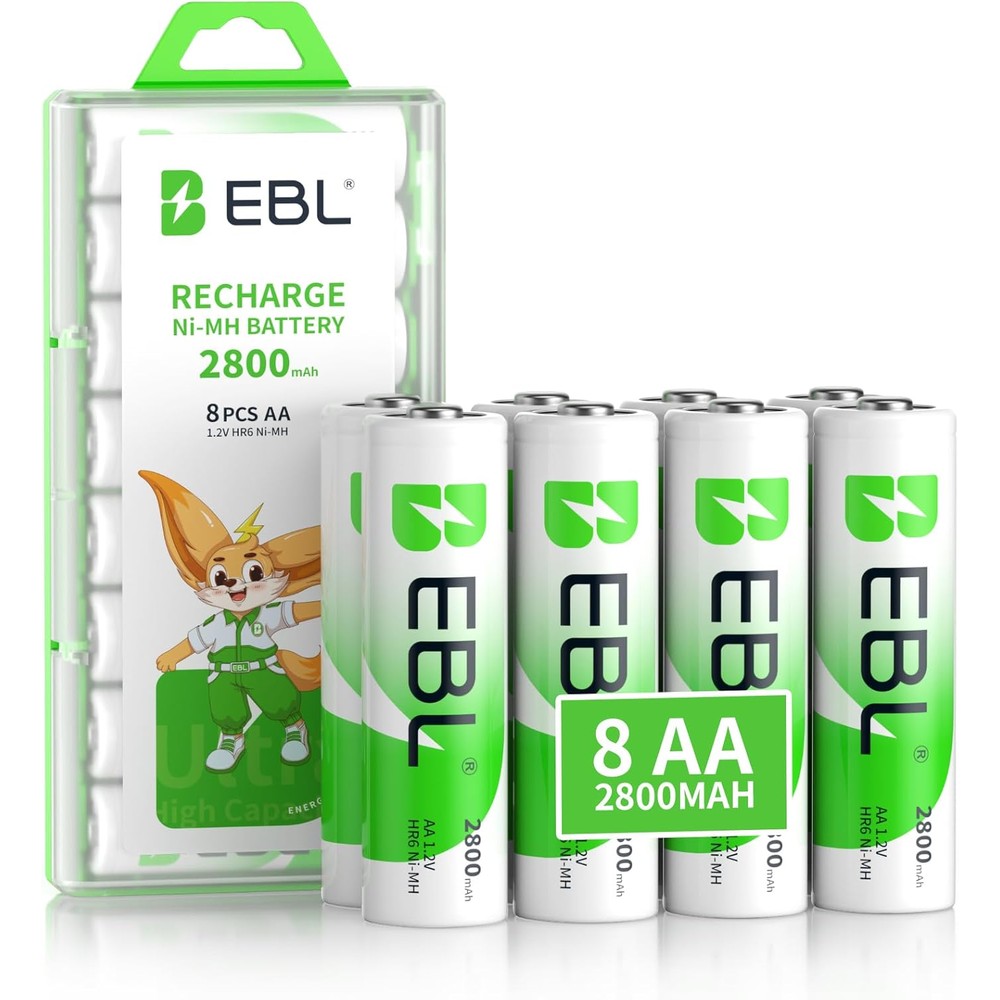 EBL pack of eight AA rechargeable batteries front view in clear plastic storage case