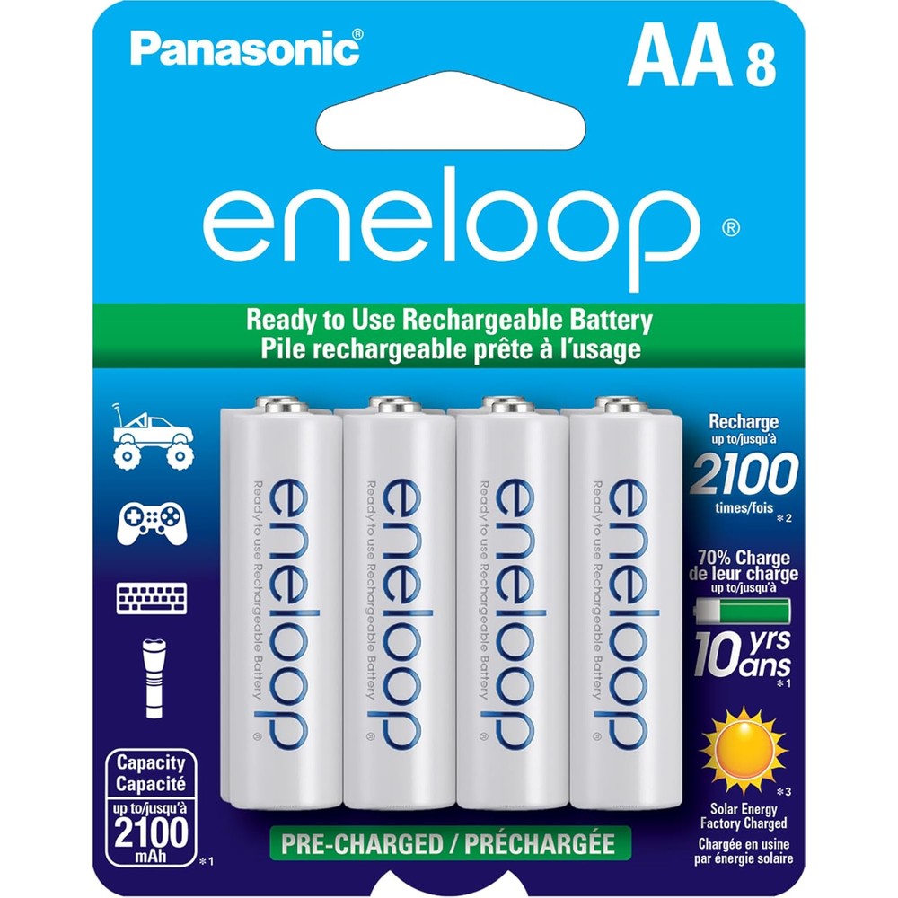 Panasonic Eneloop AA rechargeable batteries 8 pack front view showcasing retail packaging.