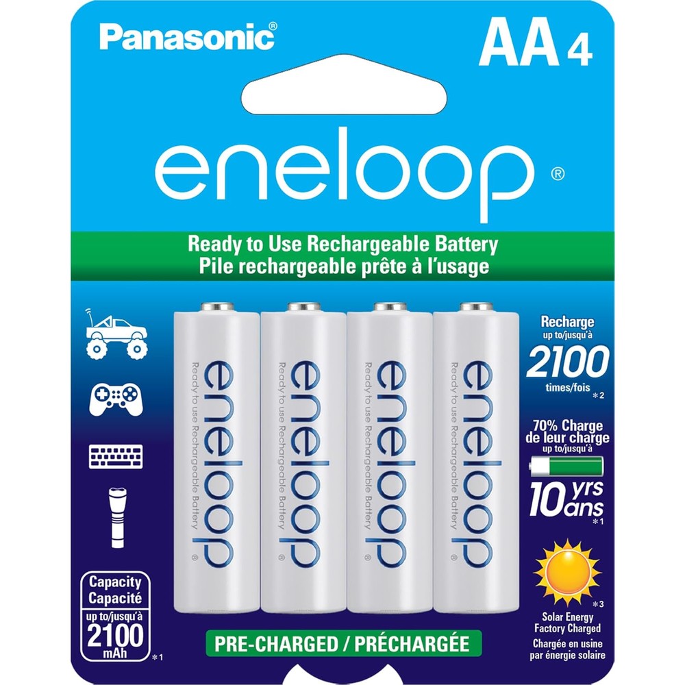 Eneloop Panasonic BK-3MCCA4BA AA 2100 Cycle Ni-MH Pre-Charged Rechargeable Batteries, 4-Battery Pack