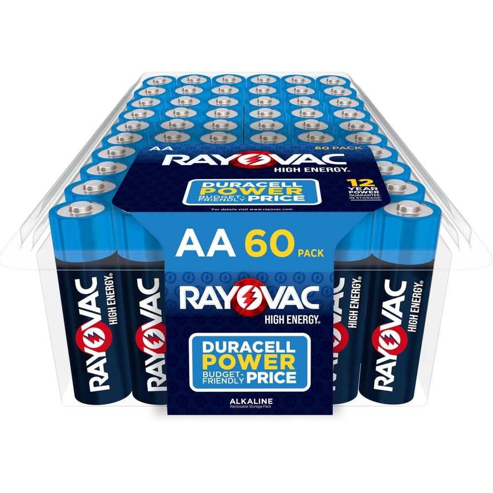 Rayovac High Energy AA Alkaline Batteries 60 count pack front view showcasing retail packaging.