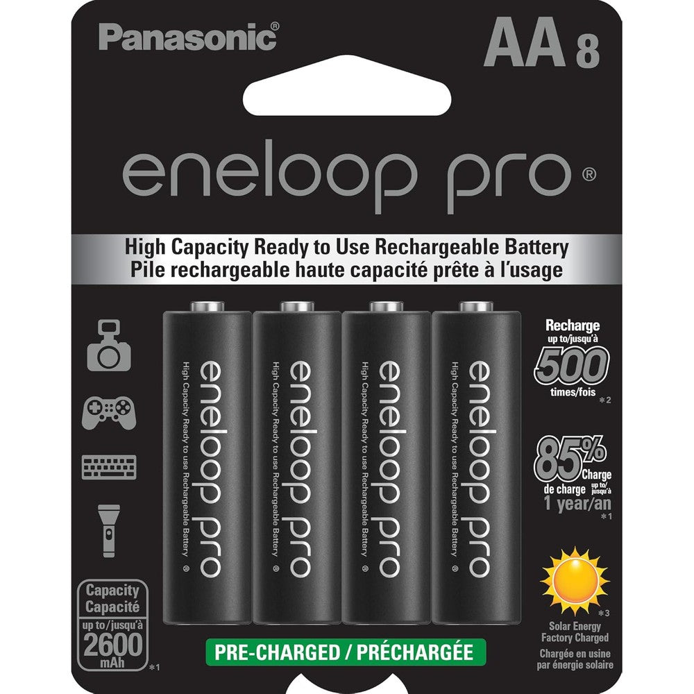 Panasonic Eneloop Pro AA rechargeable batteries eight pack front view showcasing the premium black retail packaging.