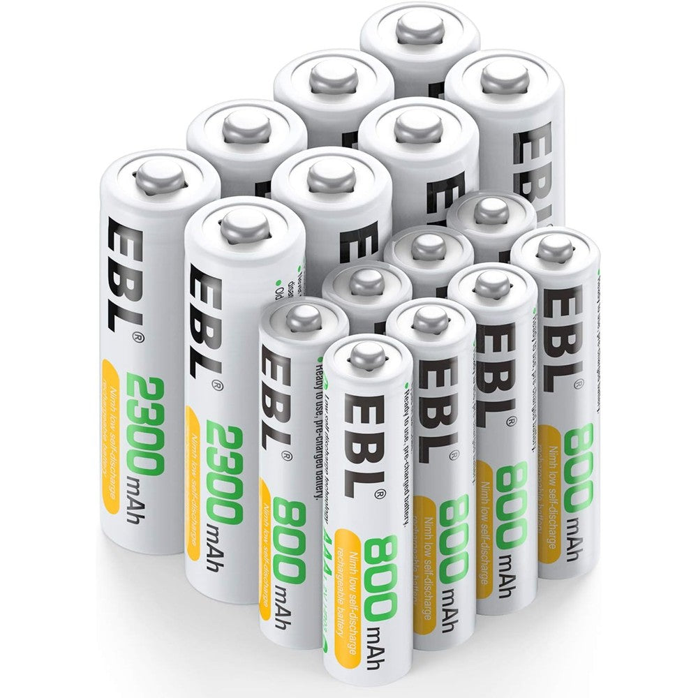 EBL 16 Sets AA AAA Batteries Combo with 8PCS AA 2300mAh & 8-Pack AAA 800mAh Rechargeable Batteries