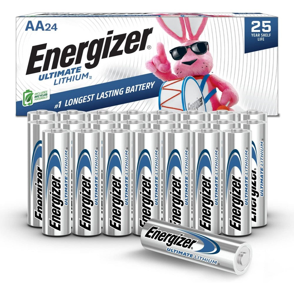 Energizer Ultimate Lithium AA Batteries twenty four pack front view showcasing retail packaging.