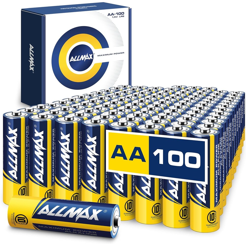 Allmax Maximum Power Alkaline Double A Batteries 100 count retail bulk pack box front view