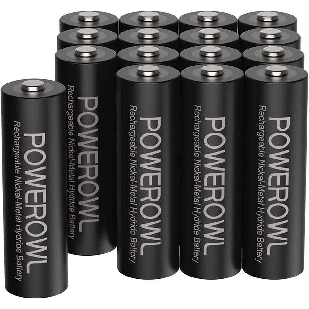 POWEROWL AA rechargeable batteries pack of sixteen front view layout.