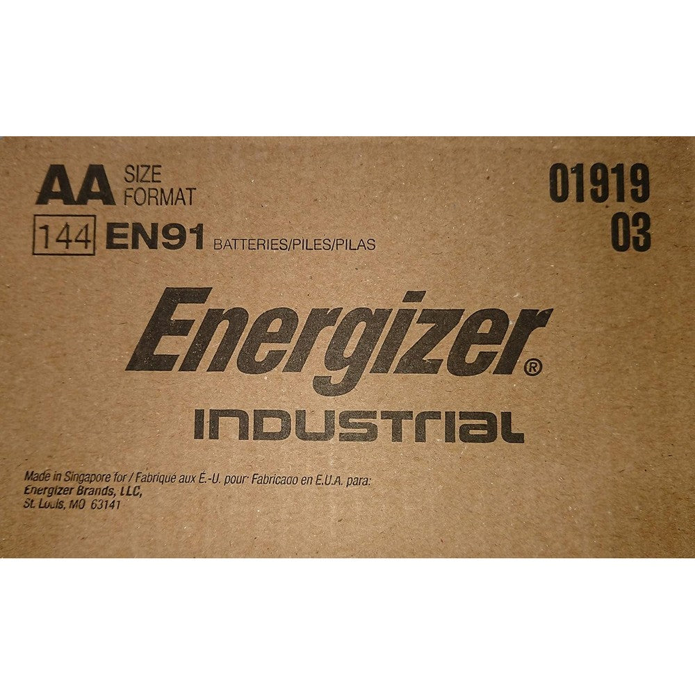 Energizer EN91 Industrial Alkaline Batteries, AA (Box of 144 Batteries) - Made in The USA or Singapore