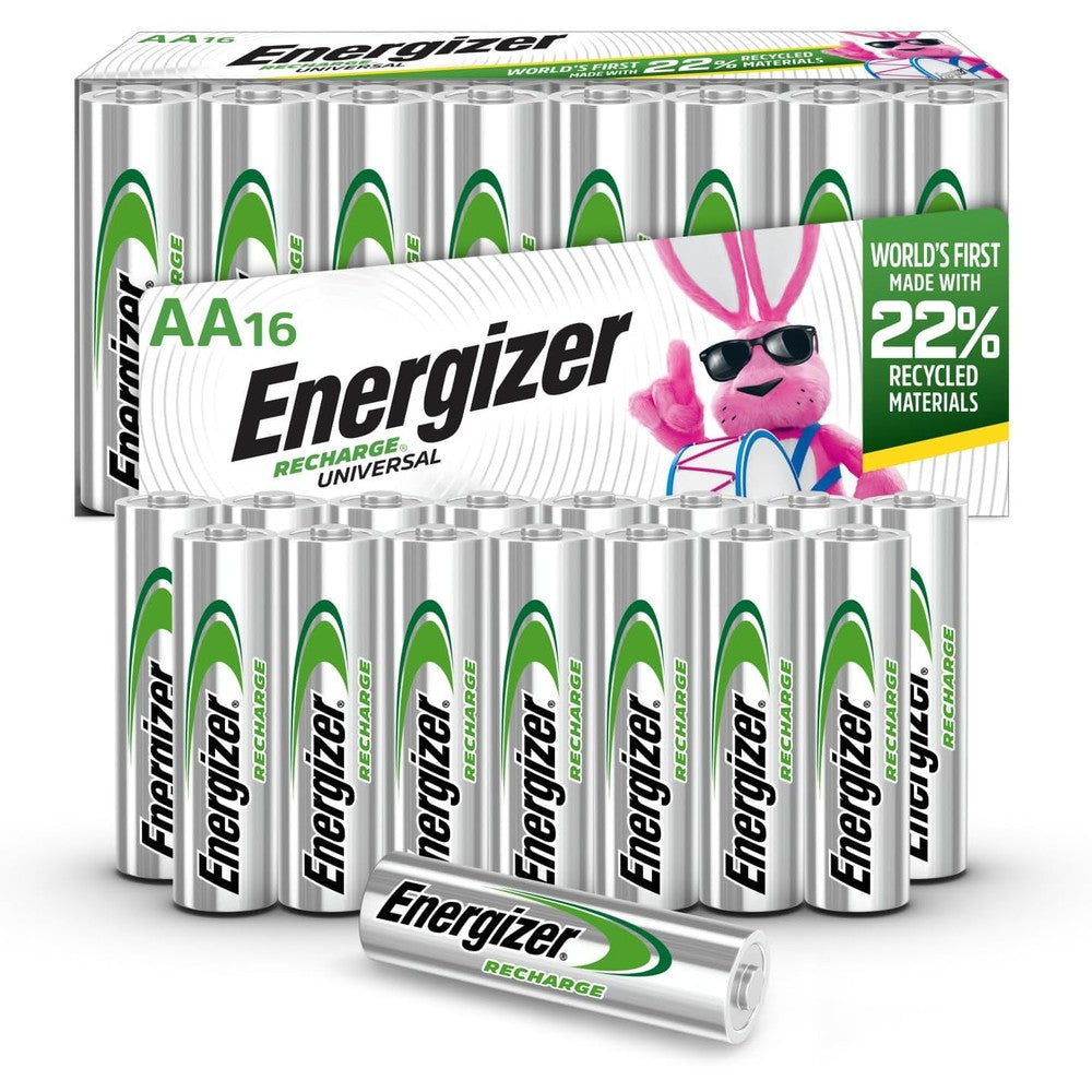 Energizer Recharge Universal AA Batteries 16 Pack front view showcasing the packaging.