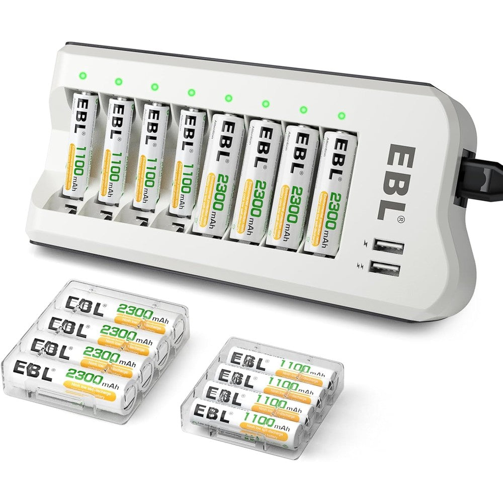 EBL AA 2300mAh (8 Pack) and AAA 1100mAh (8 Pack) Ni-MH Rechargeable Batteries and AA AAA Rechargeable Battery Charger with 2 USB Charging Ports