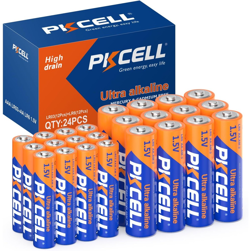 PKCELL AA and AAA Batteries Combo Pack 24 Count - 12 Double AA Batteries and 12 Triple AAA Batteries, 1.5V High-Performance Alkaline Heavy Duty Batteries Value Pack, 10-Year Shelf Life