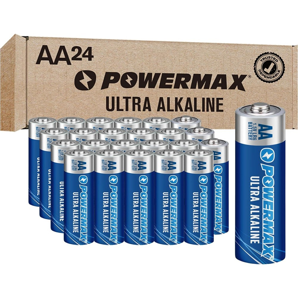Powermax ultra long lasting alkaline double AA batteries twenty four count front retail packaging view