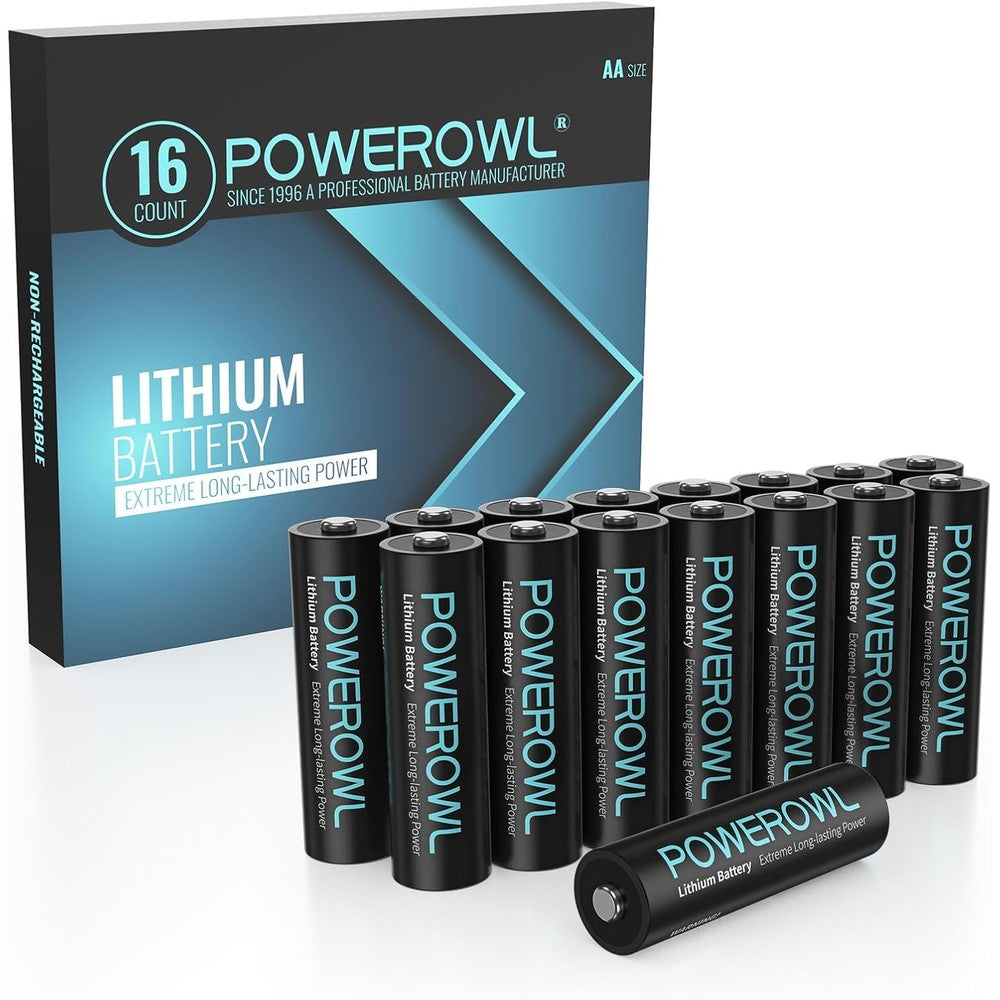 POWEROWL Lithium AA Batteries sixteen pack retail box front view showing genuine imported packaging