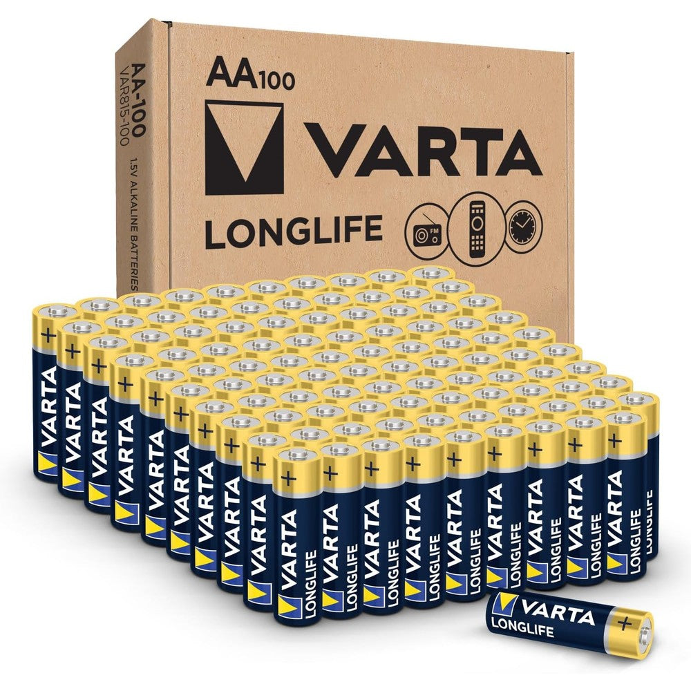 Varta Longlife AA Batteries (100 Pack), Alkaline Double A Battery
