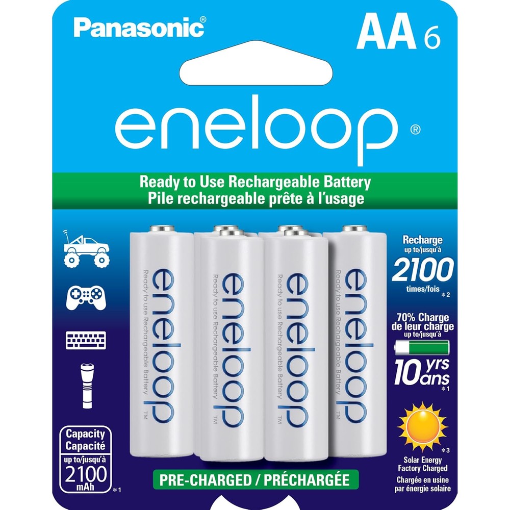 Eneloop Panasonic BK-3MCCA6BA AA 2100 Cycle Ni-MH Pre-Charged Rechargeable Batteries, 6-Battery Pack