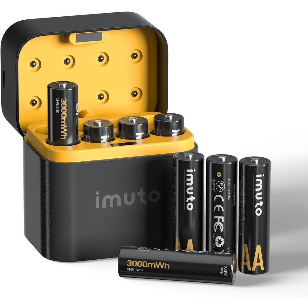 imuto Rechargeable aa Batteries with Charger, 3000mWh aa Lithium Batteries 8 Pack, 8 Slot Storage Box Style Lithium aa Battery Charger, 1.5V 2A Output, 1600+ Cycle Life, 2.5H Fast Charging