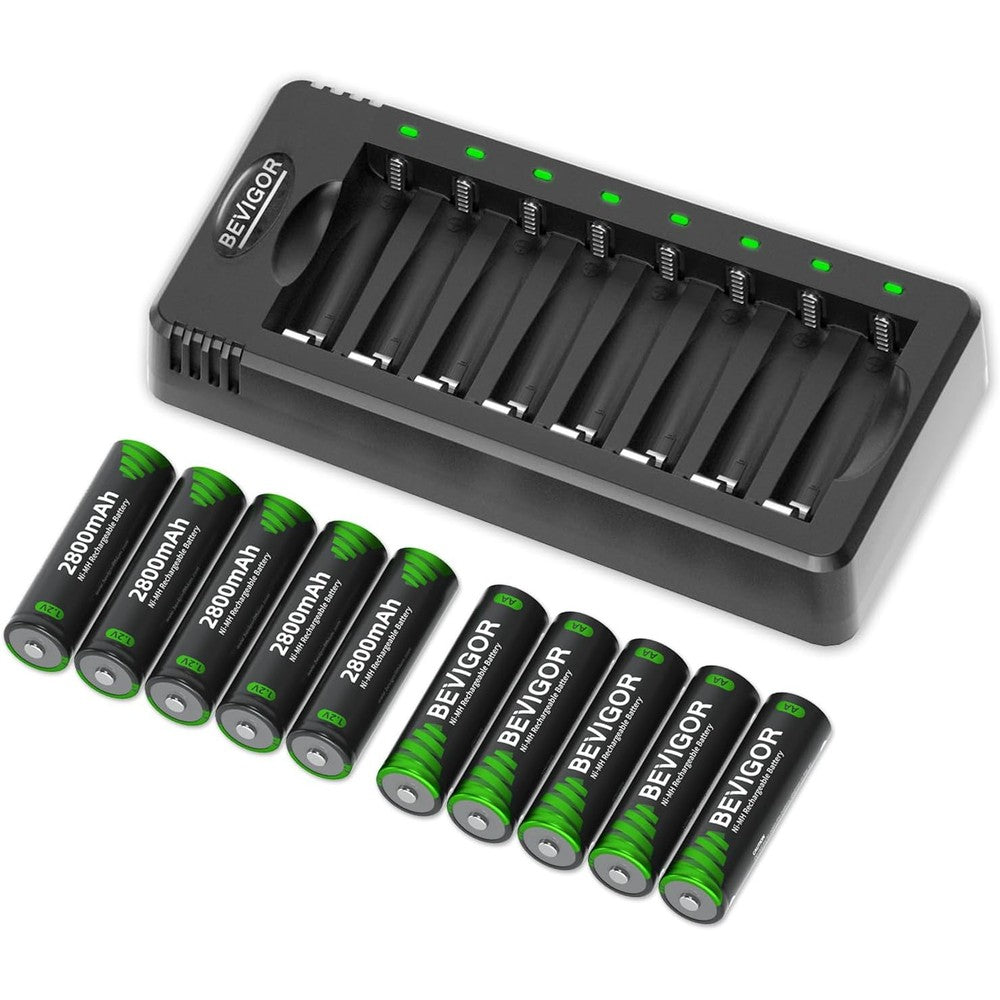BEVIGOR Rechargeable AA Batteries with Charger, 10 Pack 2800mAh High Capacity Ni-MH Double A Batteries with Smart 8 Bay Smart Battery Charger, USB Fast Charging