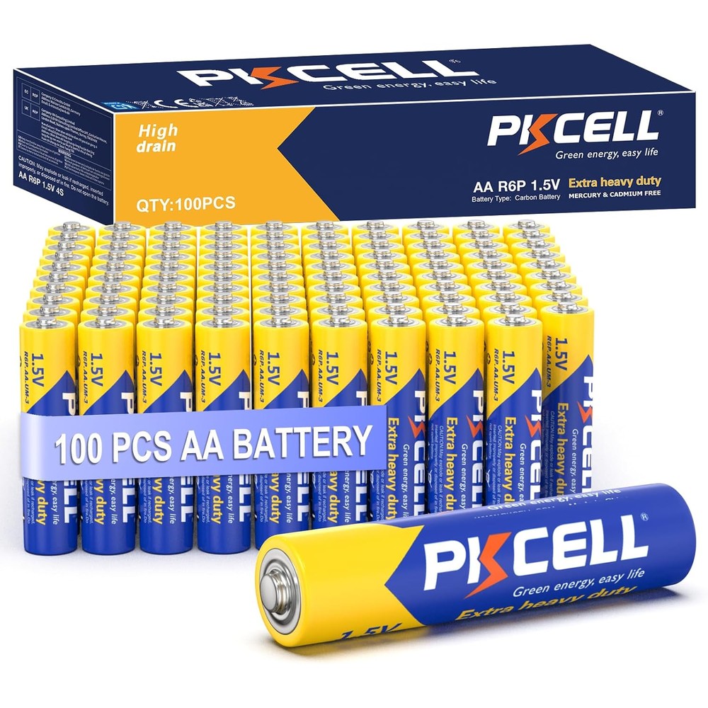 PKCELL AA Batteries 100 Pack, Double A Batteries, 1.5V High-Performance Carbon Battery for LED Candles Clock Remote Controls Flashlights