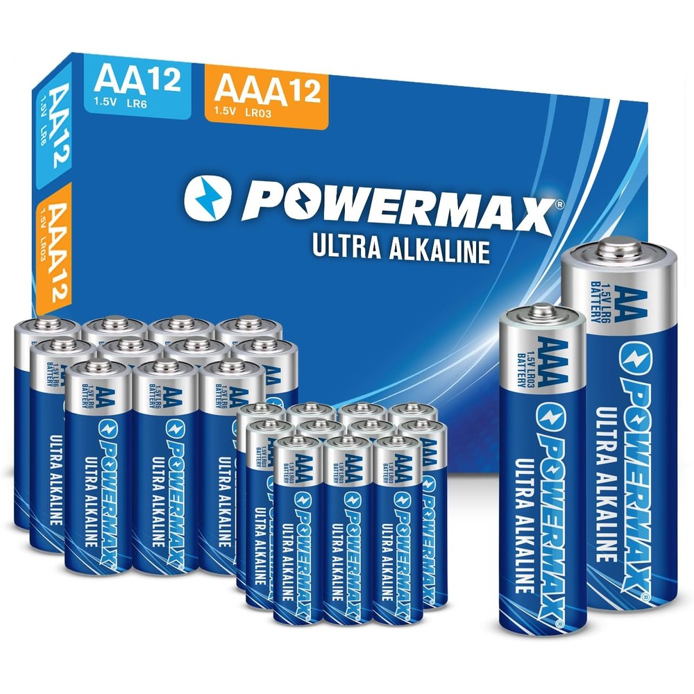Powermax Alkaline Batteries 24 Count Combo Pack front view showing the retail storage box containing twelve AA and twelve AAA batteries.