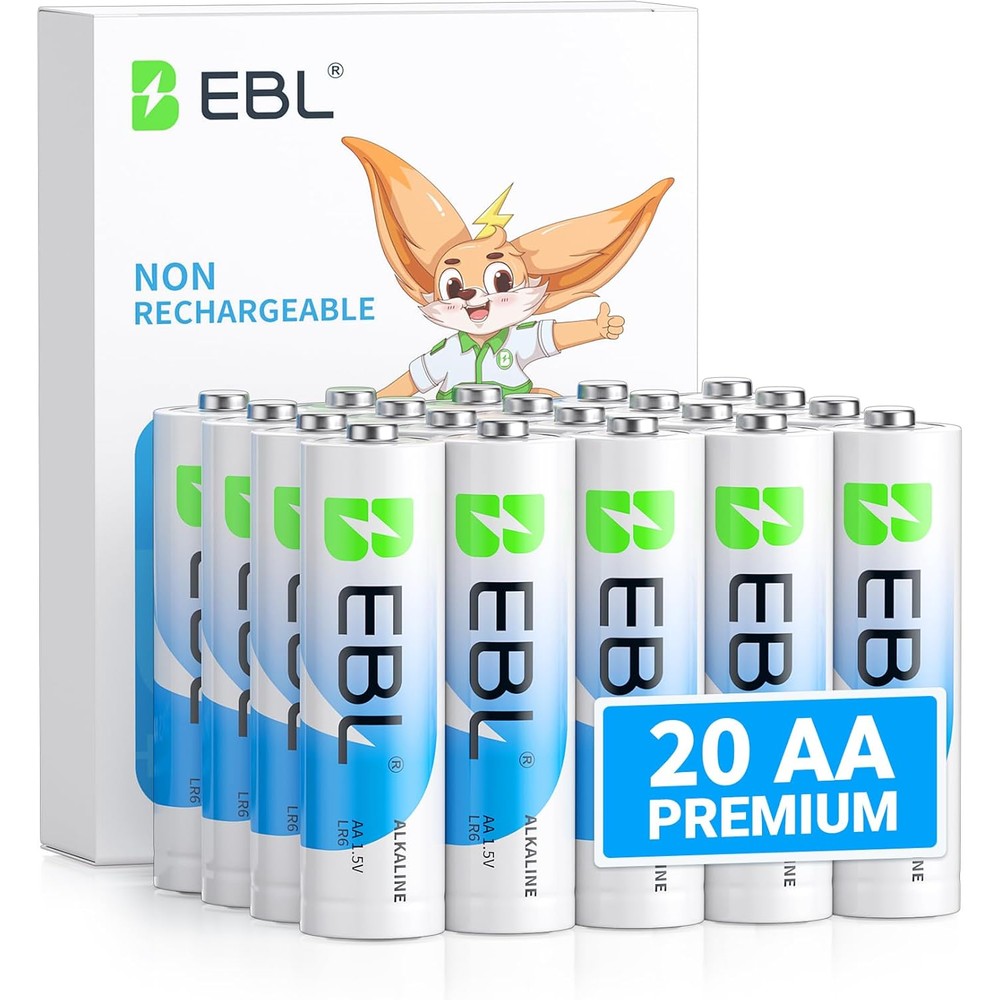 EBL 1.5V alkaline AA batteries twenty pack front view showcasing packaging