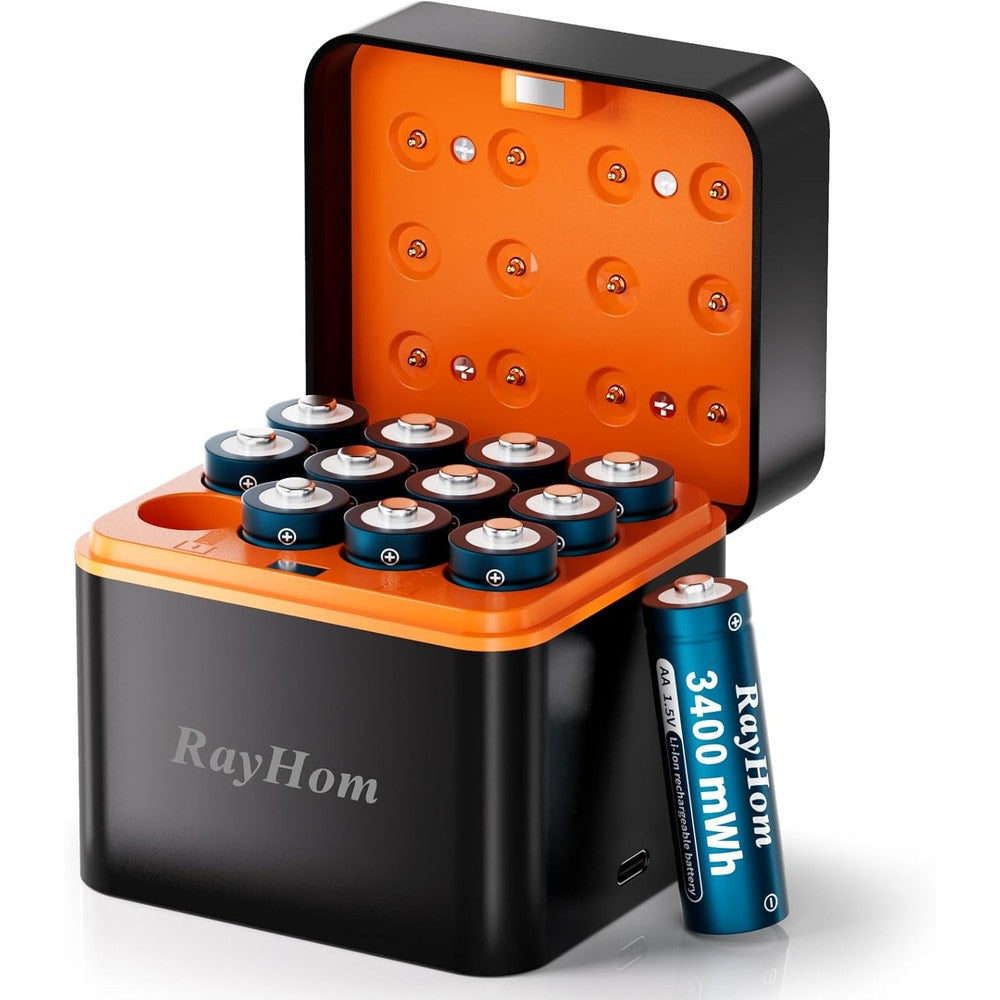 RayHom rechargeable lithium AA batteries and 12-slot charger front view high capacity setup.