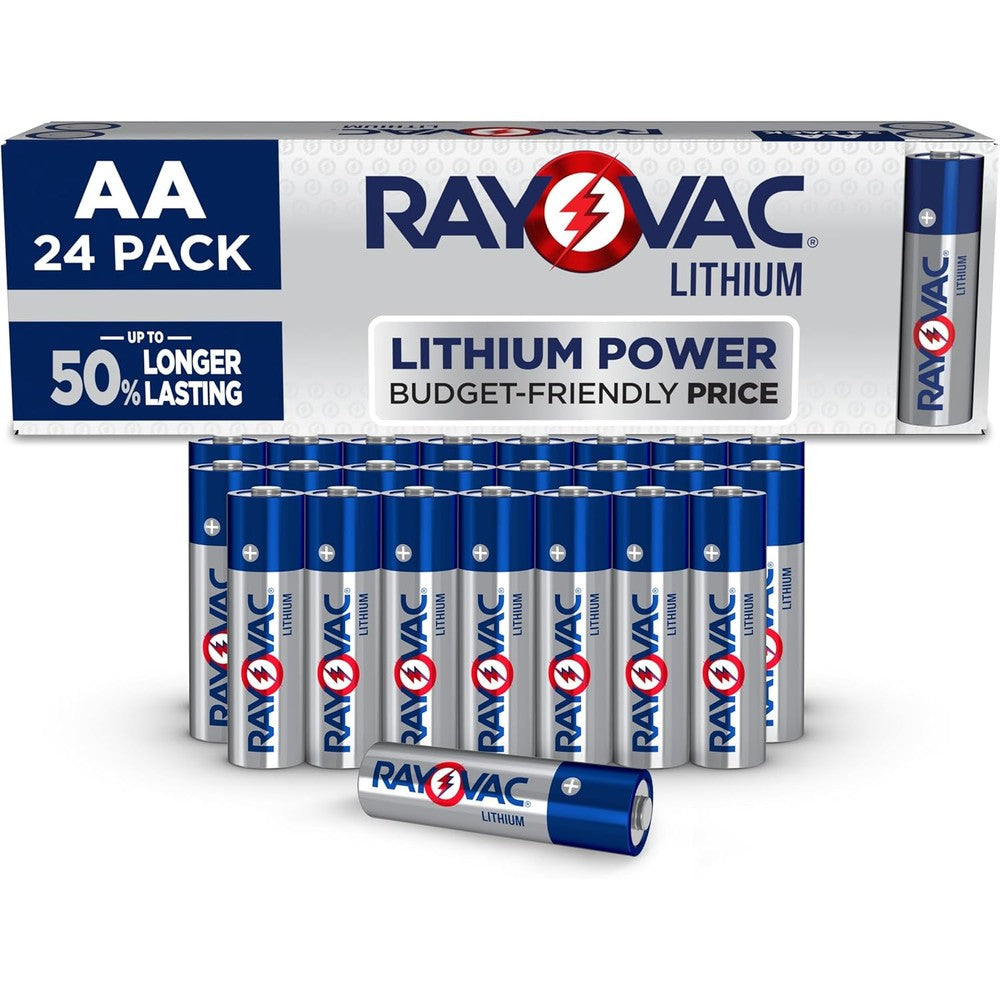 Rayovac Lithium AA Batteries 24 Pack front view showing long lasting double A battery packaging