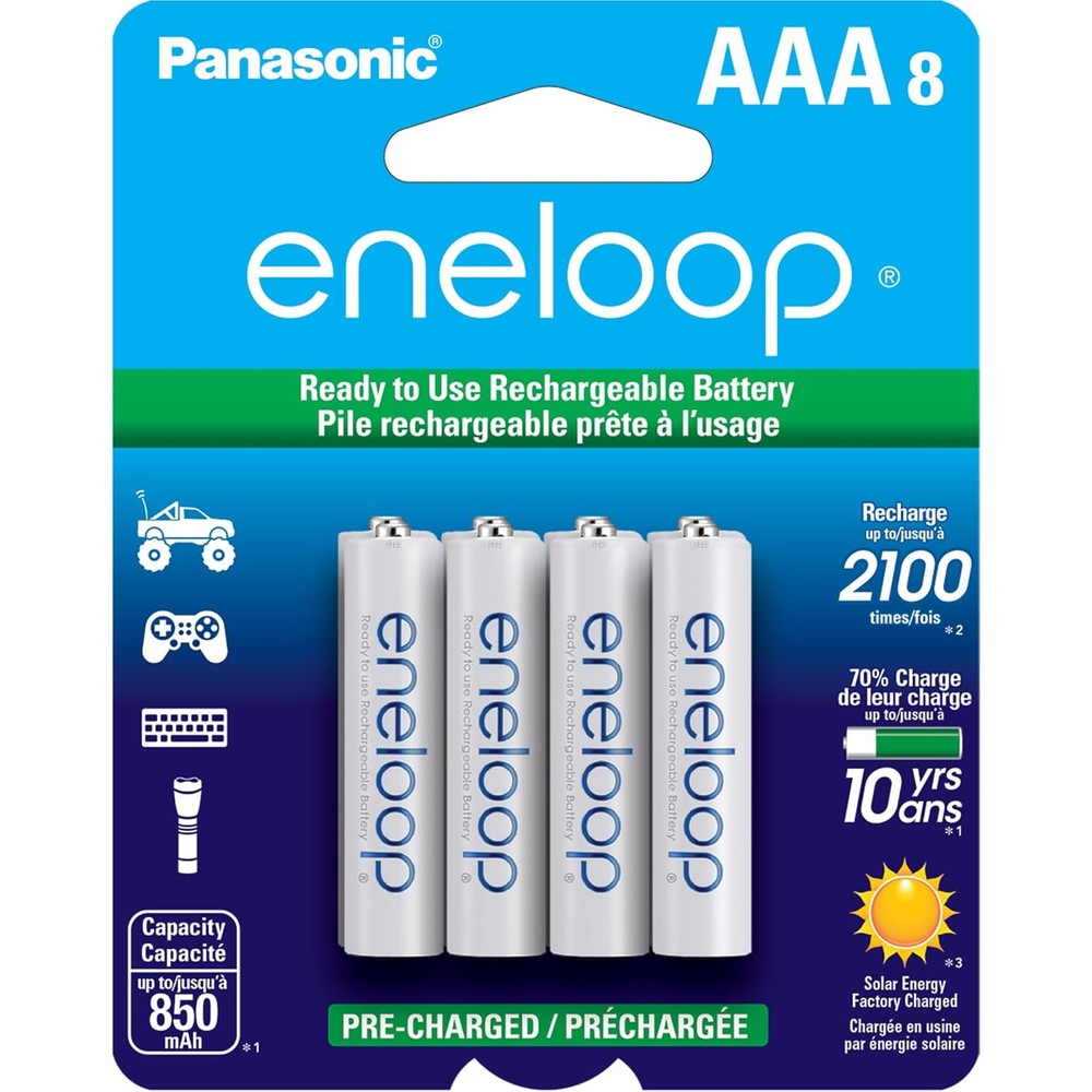 Eneloop Panasonic BK-4MCCA8BA AAA 2100 Cycle Ni-MH Pre-Charged Rechargeable Batteries, 8-Battery Pack