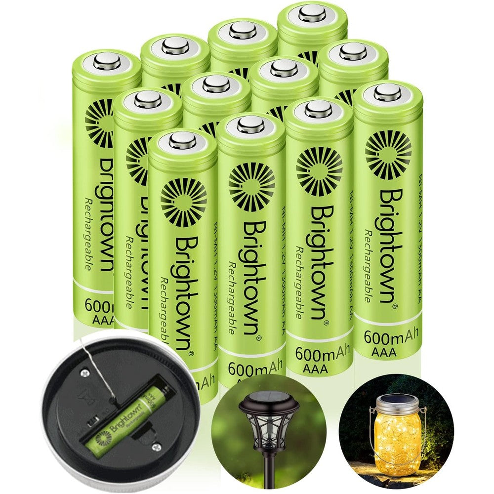 Brightown 12-Pack Rechargeable AAA Batteries, 600mAh NiMH Precharged Triple A Solar Batteries for Solar Lights and Household Devices, Low-self Discharge, Up to 1200 Cycle Times, UL Certified, 1.2V