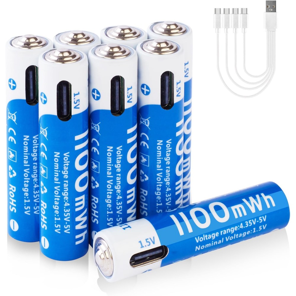 Rechargeable AAA Lithium Batteries 8 Pack, USB C 1.5V 1100mWh High Capacity Triple A Li-ion Battery AAA Size, Long Lasting 1200 Cycles, for Remote, Keyboard, Mouse, Toy