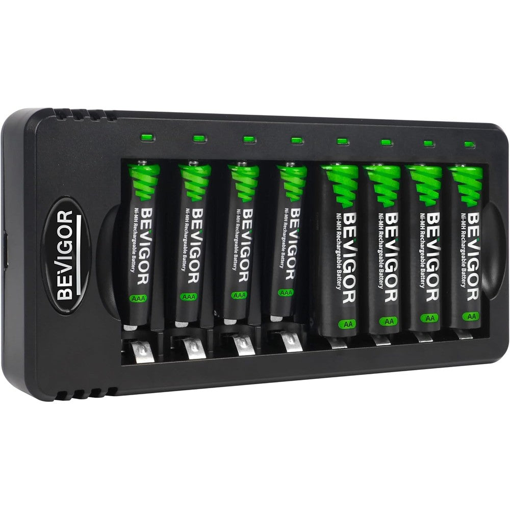 BEVIGOR Rechargeable AA and AAA Batteries with 8 Bay Smart Charger, 4 Pack AA 2800mAh & 4 Pack AAA 1100mAh Low self Discharge NiMH Battery