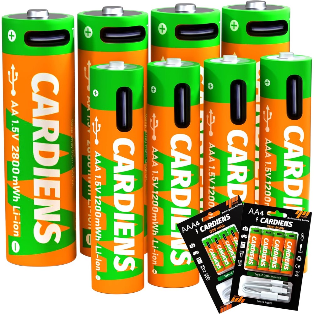 AA and AAA Batteries Combo Pack USB Rechargeable Battery Lithium Double A and Triple A Batteries 1.5v with 4-in-1 USB-C Charging Cable and LED Charge Indicator, 8-Pack
