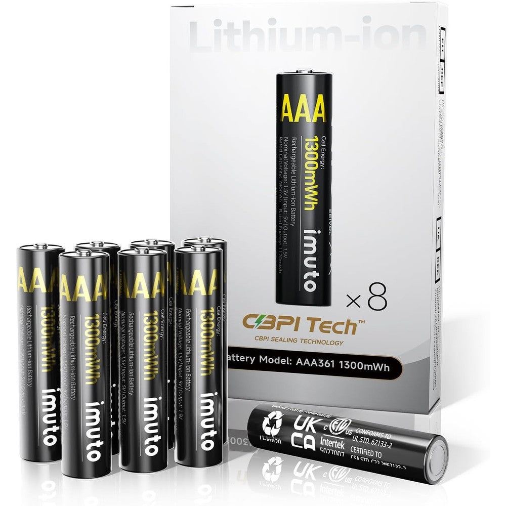 imuto Rechargeable AAA Batteries Lithium 8 Pack,1300mWh 1.5V Constant Output Triple a Lithium Batteries 1600 Cycles Long Lasting（No Charger）