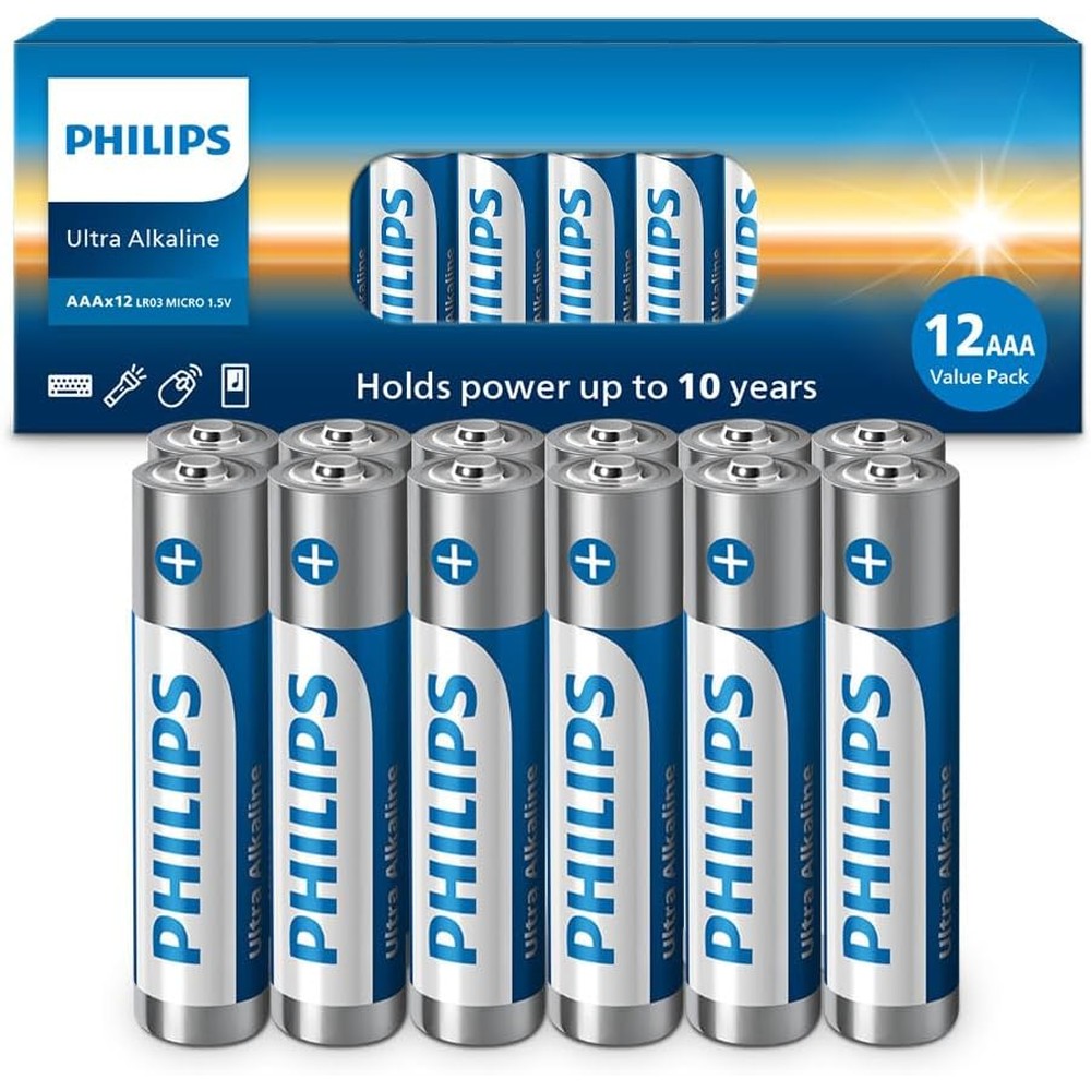 Philips AAA Batteries 12 Pack, 1.5v Ultra Alkaline Triple A. Batteries, 10-Year Shelf Life, Ultimate Long-Lasting AAA Battery, 129% More Power for Your Devices, Leak-Proof, Premium Performance.