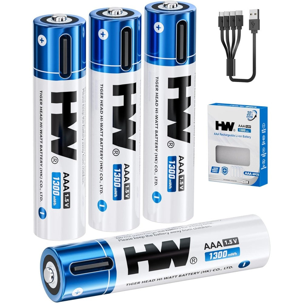 HW USB Rechargeable AAA Batteries, [1.5V, 4-Pack] 1300mWh Lithium Battery with Type C Cable, 1000+ Cycles Triple A Batteries for Remote Controls, Wireless Mouse, LED Flashlights, Electronic Toys, etc.