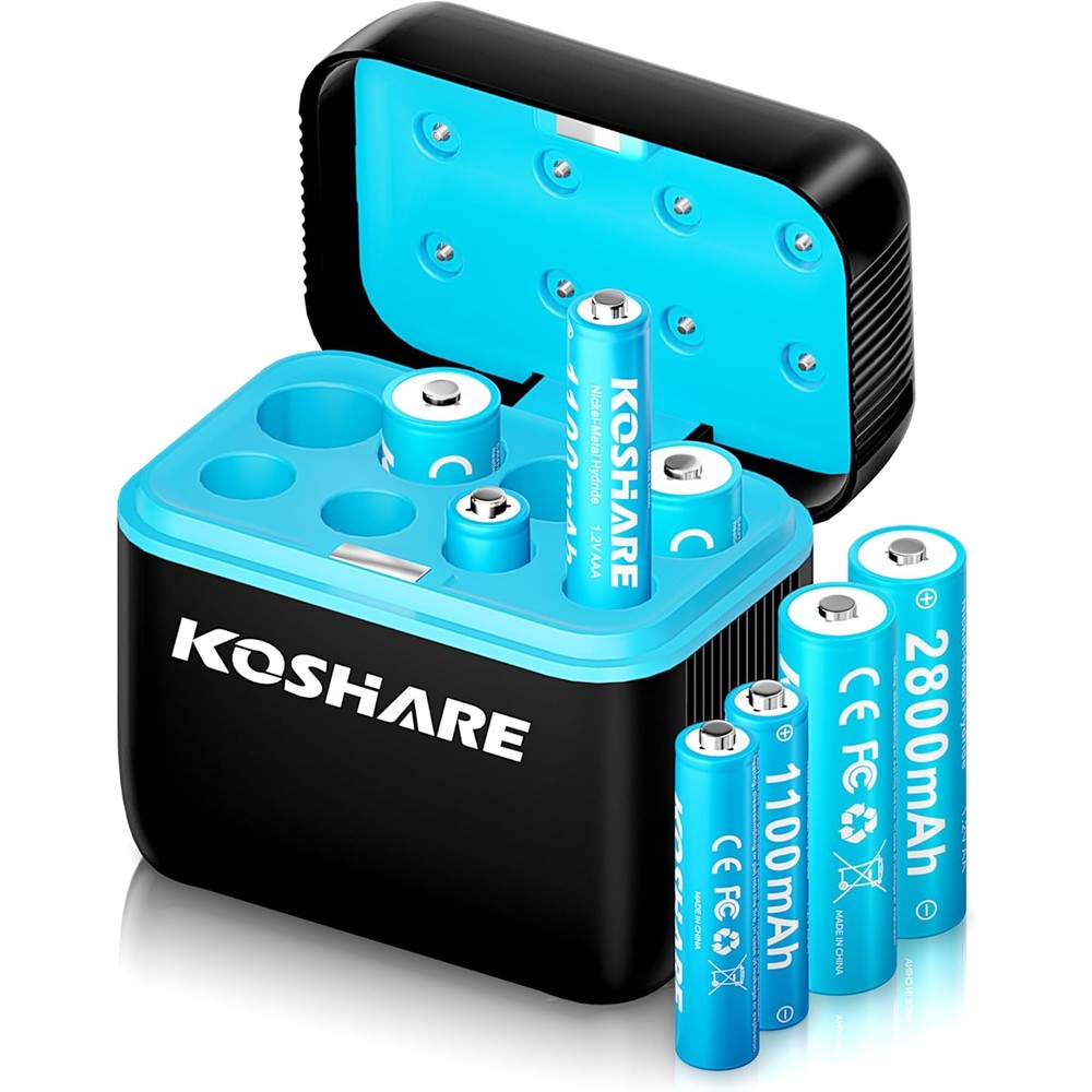 KOSHARE rechargeable battery with charger front view showing eight slot smart dock