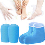 Geyoga paraffin wax bath set front view showing blue terry cloth mitts and booties with plastic liner bags