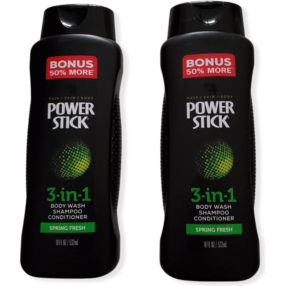 Power Stick 3 in 1 for Men Shampoo Conditioner Body Wash Spring Fresh 18 oz. 50% Bonus More (2 Pack)