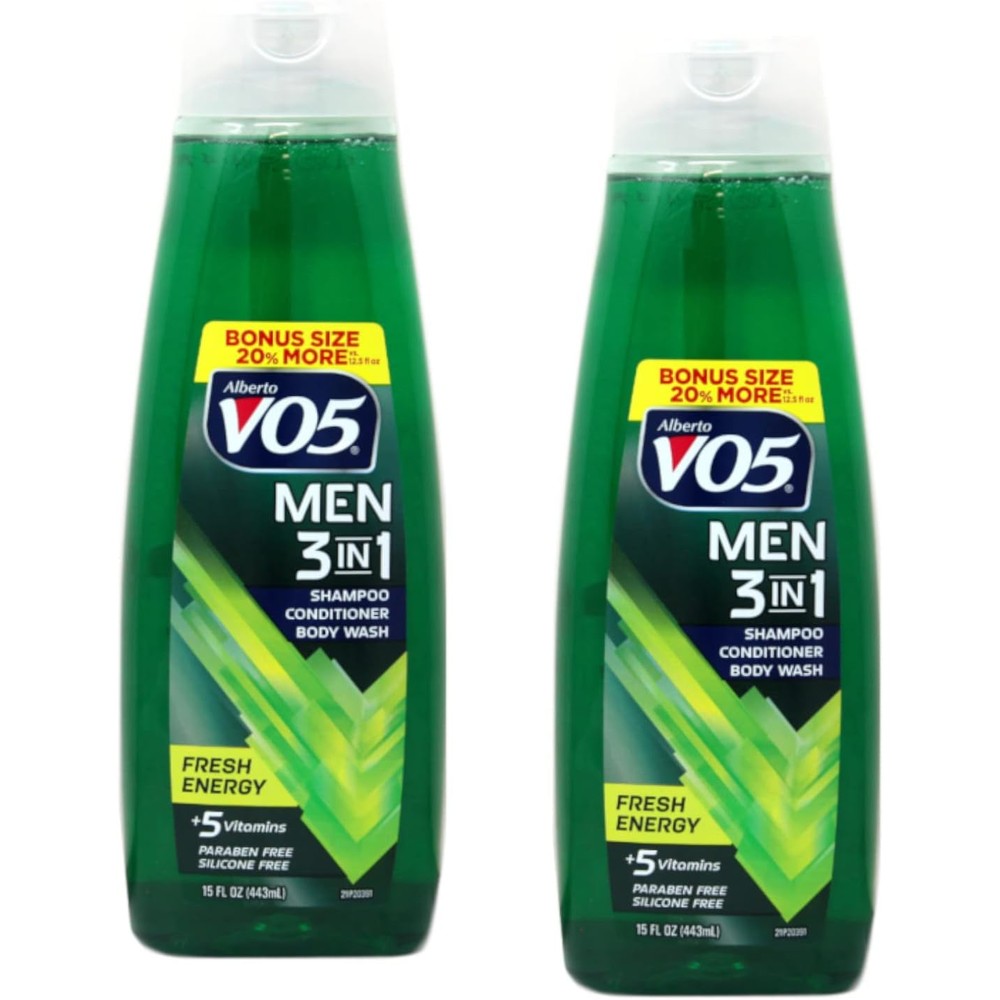 Alberto VO5 Men’s 3-in-1 Shampoo, Conditioner & Body Wash, Fresh Energy, 15 fl oz, 2 Pack – Daily All-in-One Cleanser for Hair & Body