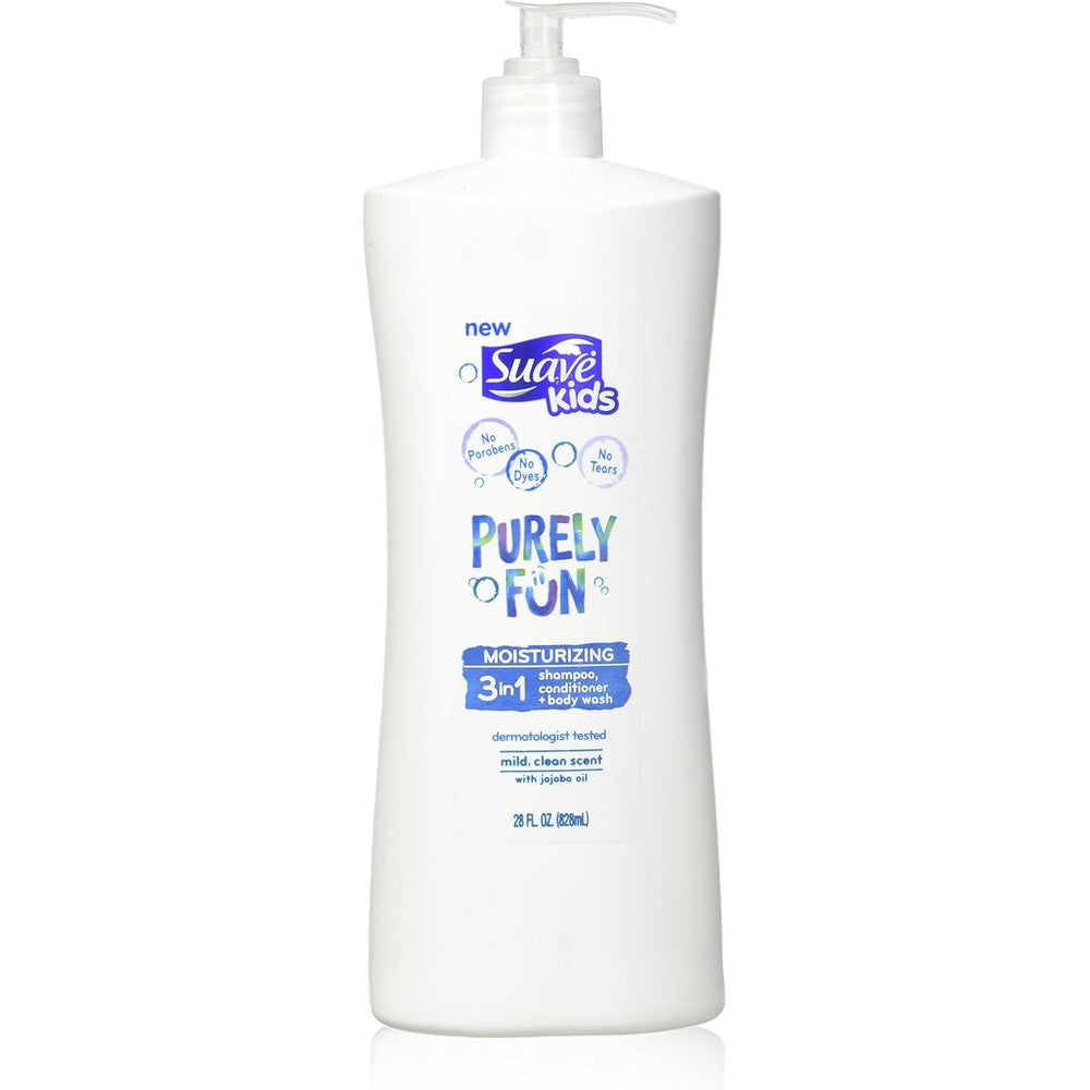 Suave Kids 3-in-1 Shampoo Conditioner Body Wash Makes Bath Time Quick and Easy, Purely Fun Paraben Free and Dermatologist Tested Kids Shampoo 3 in 1 Formula, 28 Fl Oz