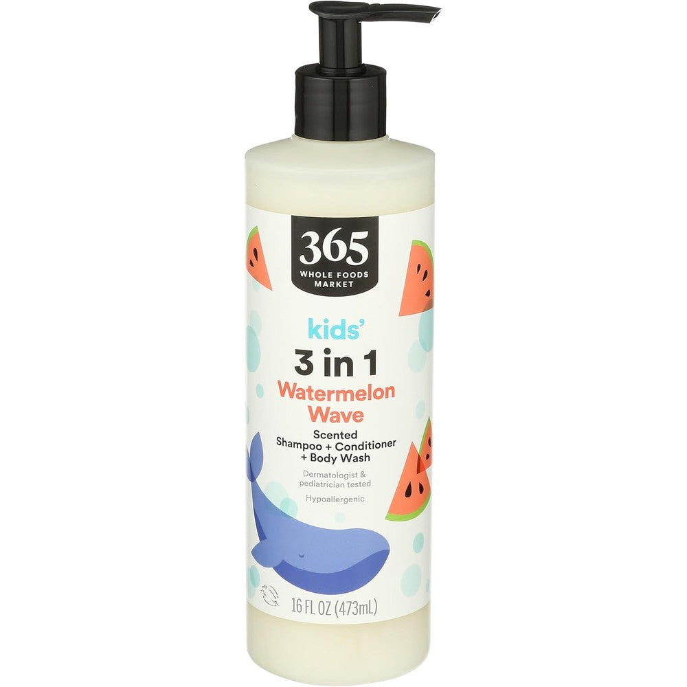 365 by Whole Foods Market, Kids' 3-in-1 Shampoo, Conditioner, & Body Wash, Watermelon, Hypoallergenic, 16 Fl Oz