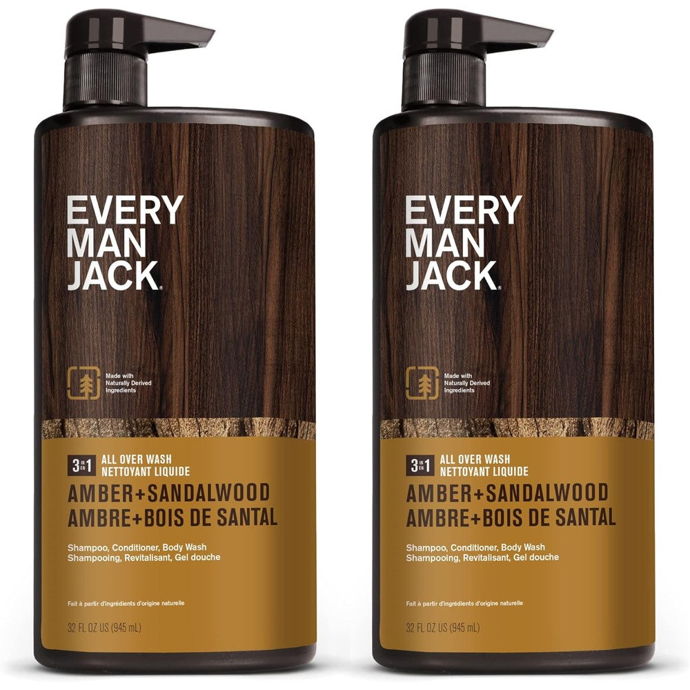 Every Man Jack Amber + Sandalwood Mens 3-in-1 All Over Wash for All Skin and Hair Types - Cleanse, Nourish, and Protect Skin and Hair with Naturally Derived Soy Proteins, Aloe, Glycerin - 2 Bottles