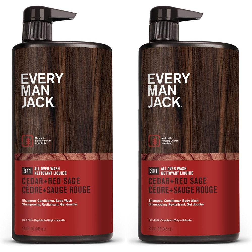 Every Man Jack Cedar + Red Sage Mens 3-in-1 All Over Wash for All Skin and Hair Types - Cleanse, Nourish, and Protect Skin and Hair with Naturally Derived Soy Proteins, Aloe, Glycerin - 2 Bottles
