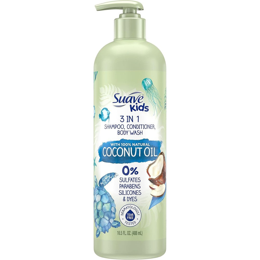 Suave Kids Naturals 3in1 Shampoo Conditioner Body Wash Kids 3 in 1 with Coconut Oil Dermatologist-Tested and Tear-free Shampoo Conditioner Bodywash 16.5 oz