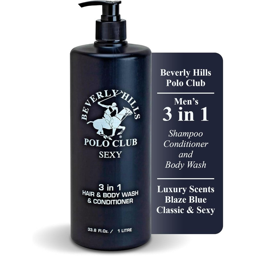Beverly Hills Polo Club Men's 3-in-1 Shampoo Conditioner Body Wash - Luxury Scent Sexy - All Hair Types, 33.8 oz