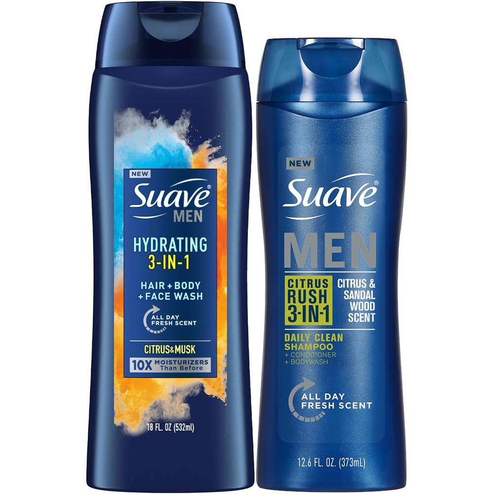 Suave Men 3-in-1 Variety 2-Pack – Hydrating Hair, Body, Face Wash + Citrus Rush Daily Clean Shampoo, Conditioner & Bodywash