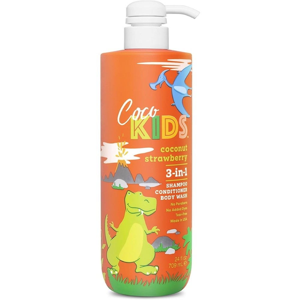 Cocomagic Cocokids 3-in-1 Kids Shampoo + Conditioner + Body Wash | Gentle, Hair & Body Cleanser Tear-Free | No Parabens, For All Skin Types, Made in USA – Coconut Strawberry, 24 Fl Oz