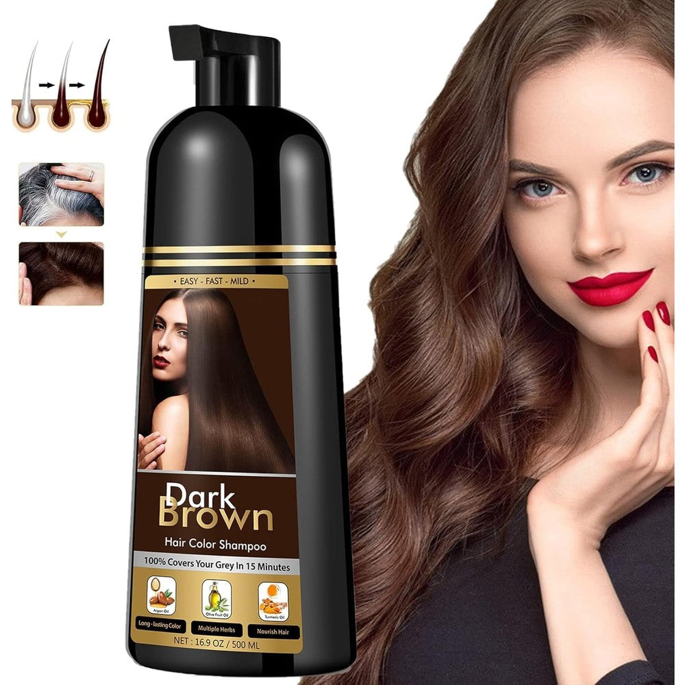 Dark Brown Hair Dye Shampoo for Gray Hair, Instant Hair Color Shampoo for Women & Man, 3-In-1 & Semi-Permanent, Herbal Ingredients, Fast Acting and Long Lasting (500ML)