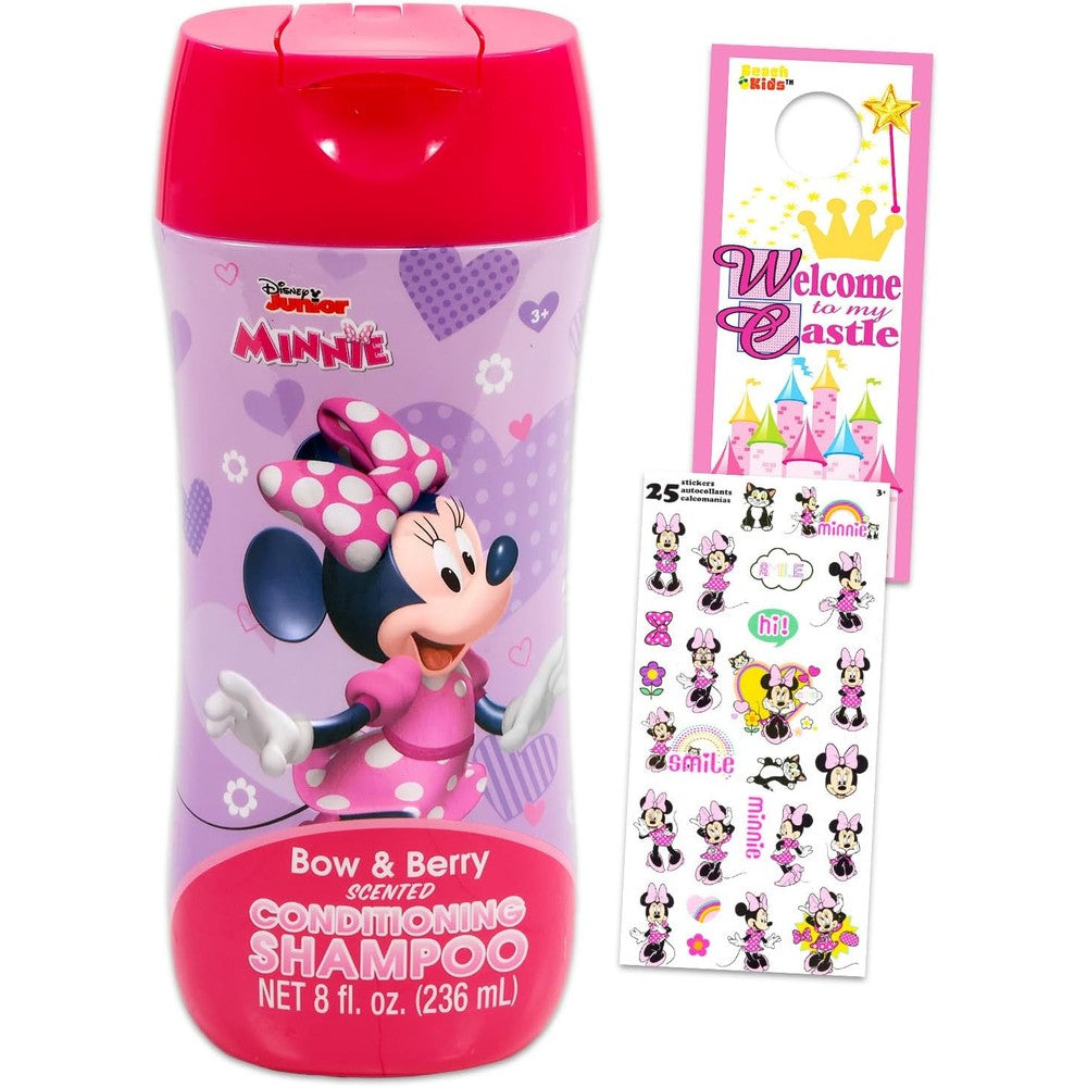 Minnie Mouse Kids Shampoo, Conditioner, Body Wash 8 Oz Bottle - Bundle with 3-in-1 Berry Scented Body Wash, Shampoo & Conditioner Plus Stickers, More | Minnie Bathroom Set