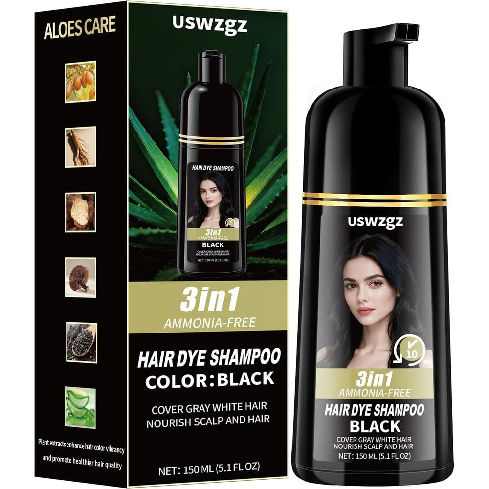 Black Hair Dye Shampoo for Gray Coverage, 3 in 1 Semi Permanent Hair Color Shampoo for Women and Men, 6 types Natural Herbal Ingredients shampoo, Champu Para Canas (150ml)